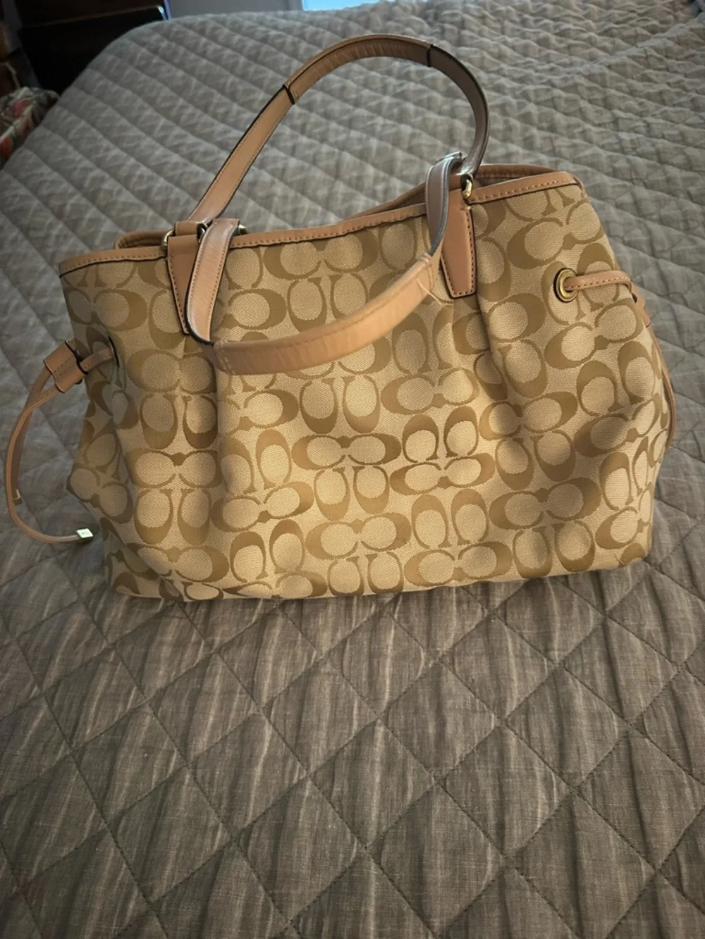 Coach Beige Signature Satchel with Teal Center Stripe - Picture 4 of 7